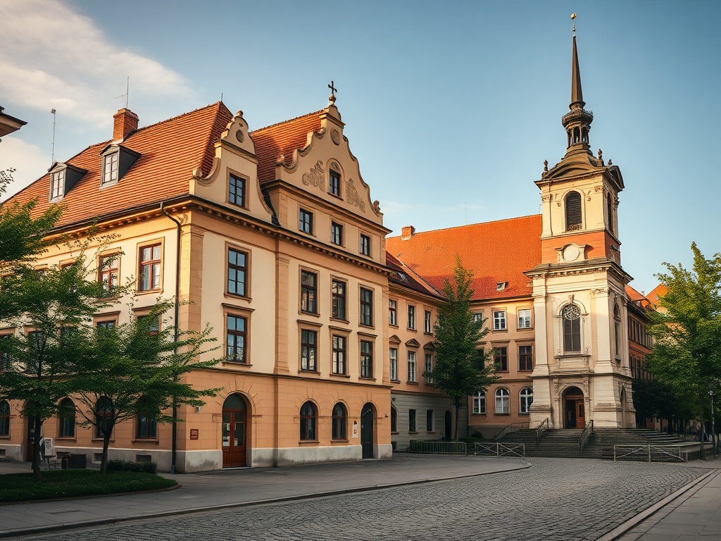 Malowniczy krajobraz Piława Górna z charakterystyczną zabudową i otaczającymi wzgórzami.