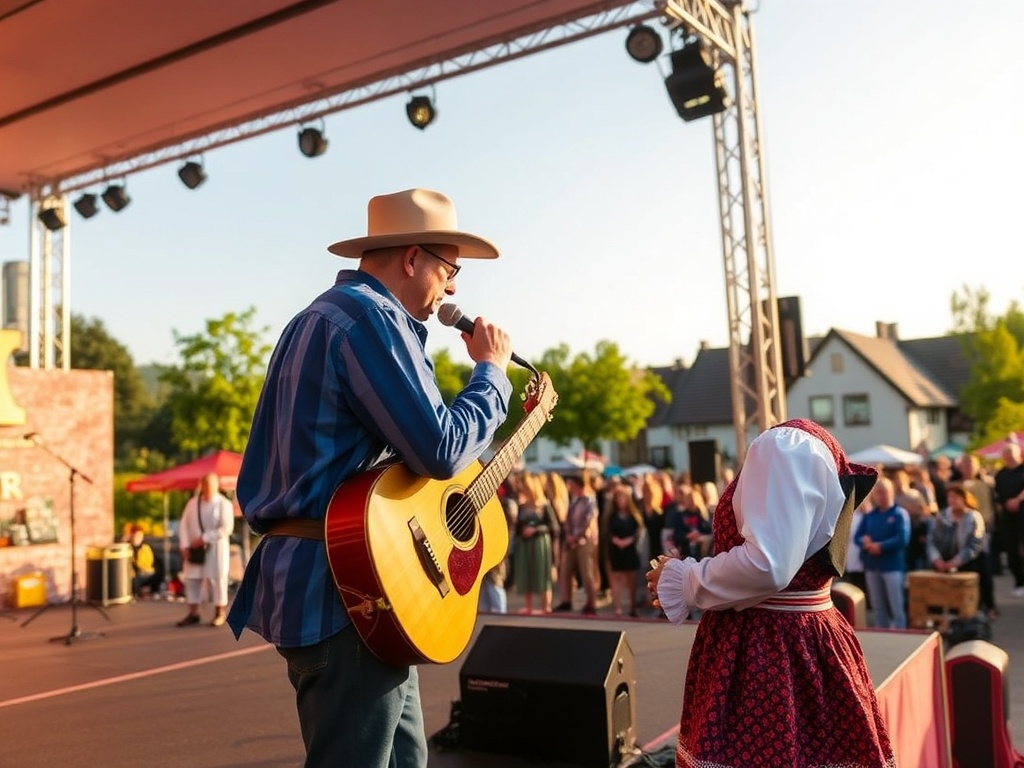 Widok na Rynek w Piławie Górnej podczas majowego dnia, z ozdobami i ludźmi cieszącymi się świętem.